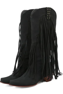 Moda Preto Cor Sólida Suede Tassel Dedo Pontiagudo Botas de Salto Alto