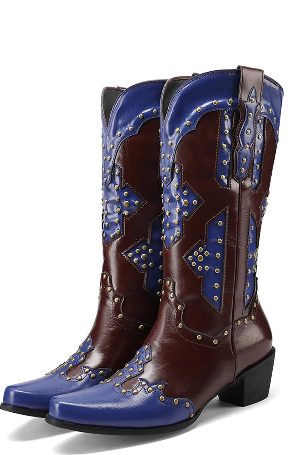 Mulheres Bordadas Azul Dedo Pontiagudo Calf High Cowgirl Botas