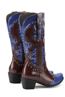 Mulheres Bordadas Azul Dedo Pontiagudo Calf High Cowgirl Botas
