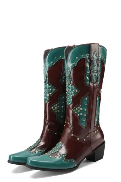 Mulheres Bordadas Azul Dedo Pontiagudo Calf High Cowgirl Botas