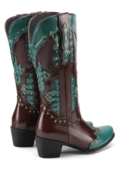 Mulheres Bordadas Azul Dedo Pontiagudo Calf High Cowgirl Botas