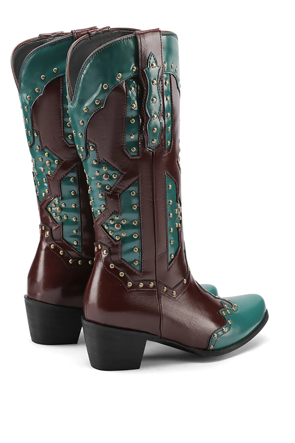 Mulheres Bordadas Azul Dedo Pontiagudo Calf High Cowgirl Botas