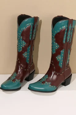 Mulheres Bordadas Azul Dedo Pontiagudo Calf High Cowgirl Botas