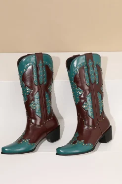Mulheres Bordadas Azul Dedo Pontiagudo Calf High Cowgirl Botas