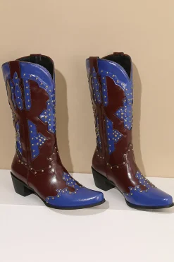 Mulheres Bordadas Azul Dedo Pontiagudo Calf High Cowgirl Botas