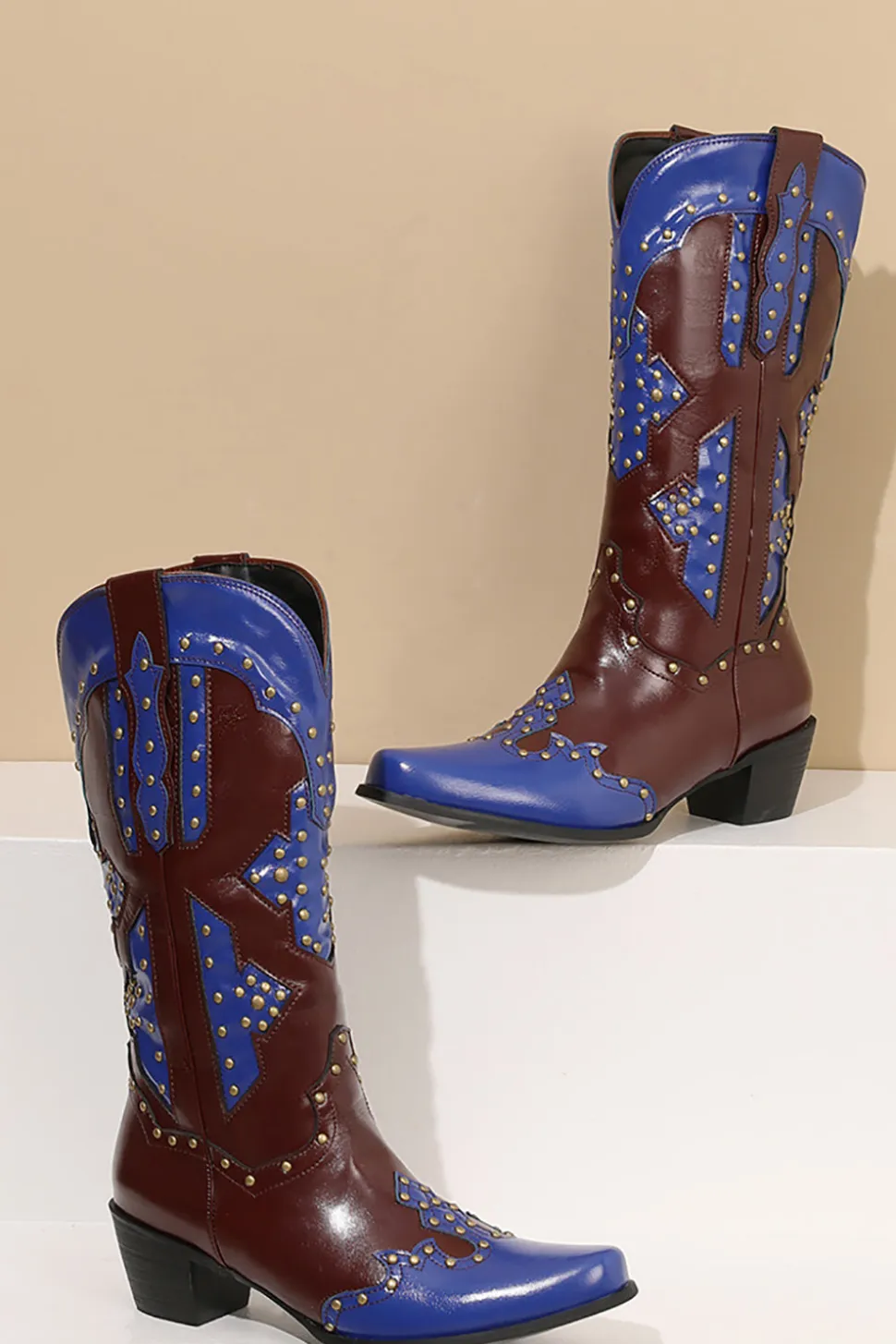Mulheres Bordadas Azul Dedo Pontiagudo Calf High Cowgirl Botas