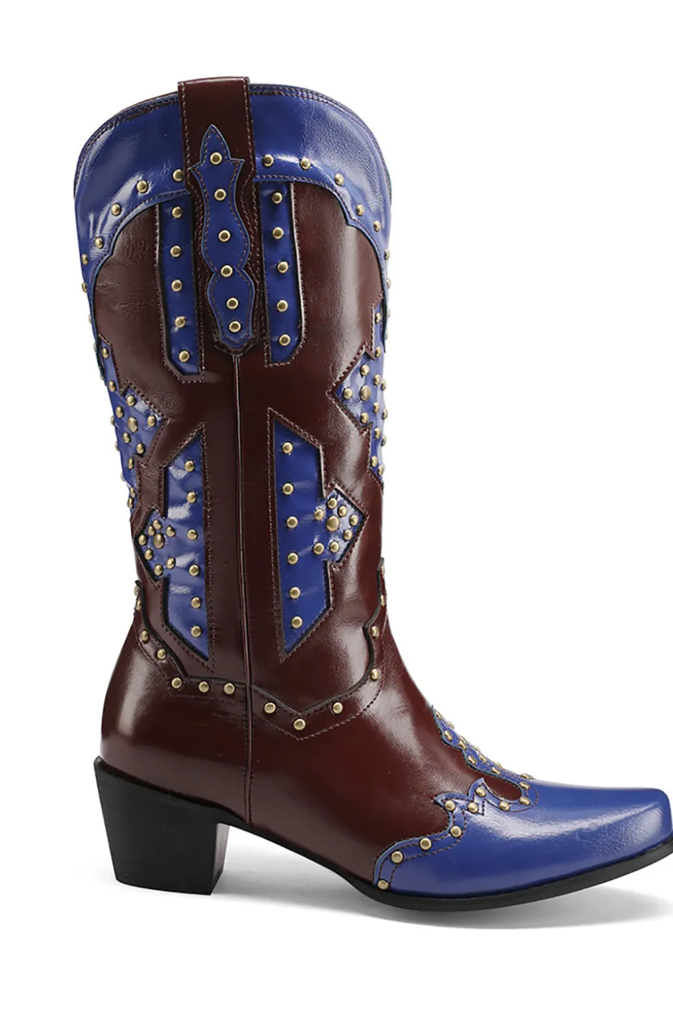 Mulheres Bordadas Azul Dedo Pontiagudo Calf High Cowgirl Botas