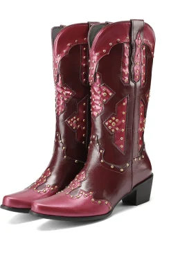 Mulheres Bordadas Azul Dedo Pontiagudo Calf High Cowgirl Botas