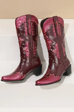 Mulheres Bordadas Azul Dedo Pontiagudo Calf High Cowgirl Botas