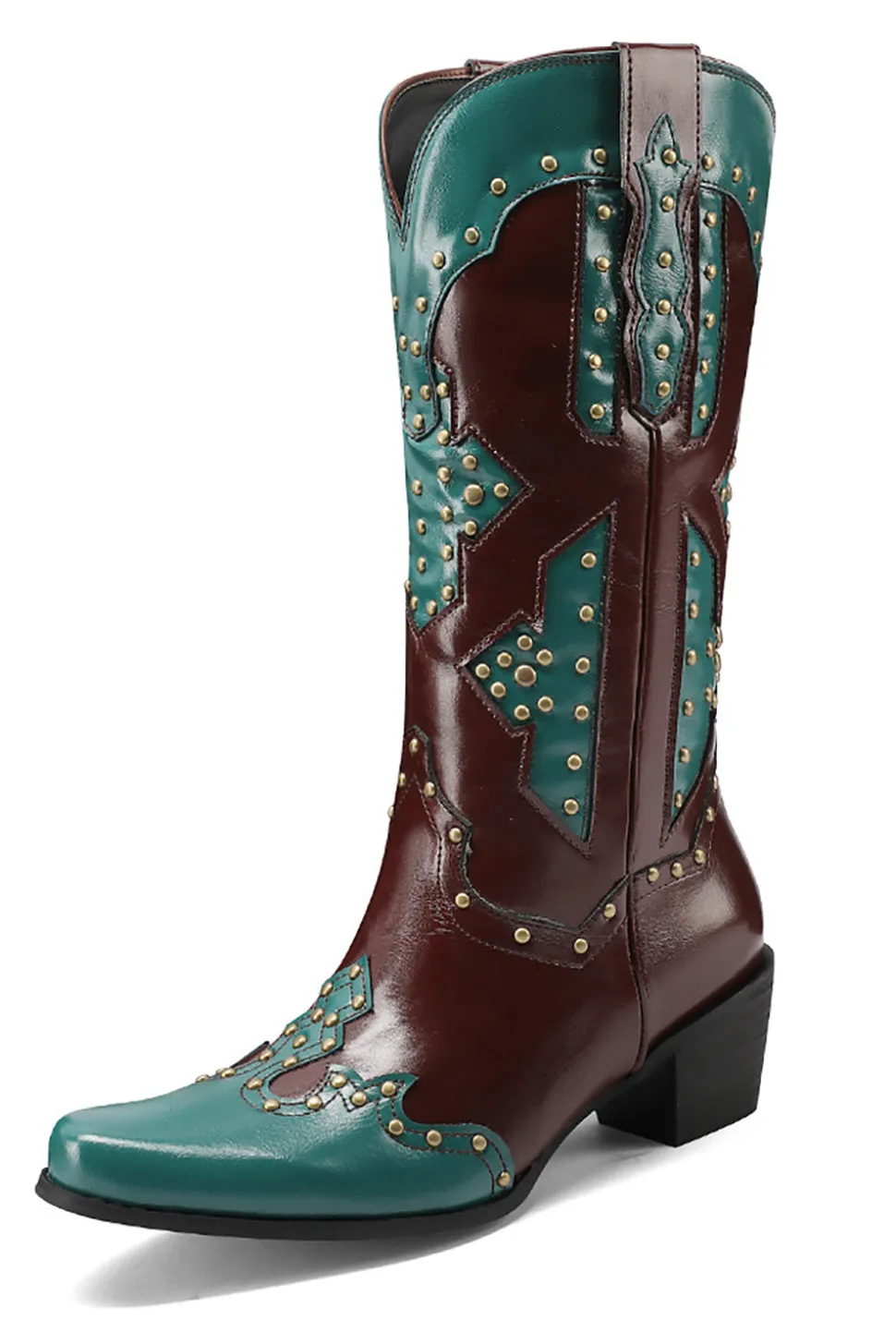 Mulheres Bordadas Azul Dedo Pontiagudo Calf High Cowgirl Botas