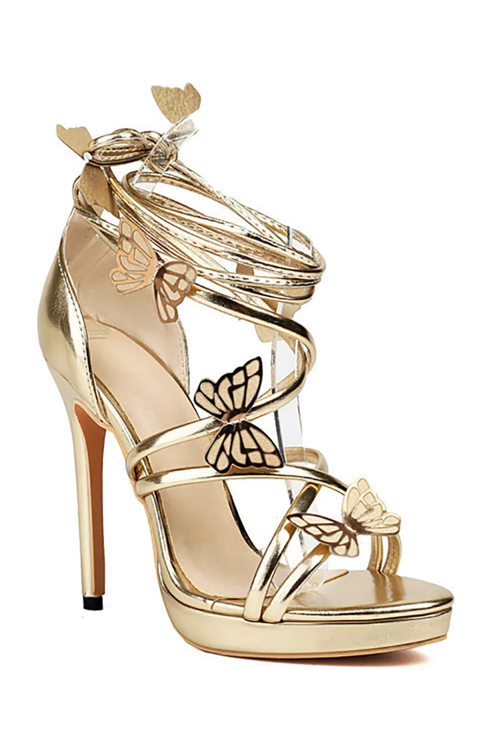 Mulheres Golden Metallic Strappy Stilletos Heels Sandálias Sapatos com Borboleta
