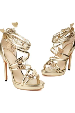 Mulheres Golden Metallic Strappy Stilletos Heels Sandálias Sapatos com Borboleta
