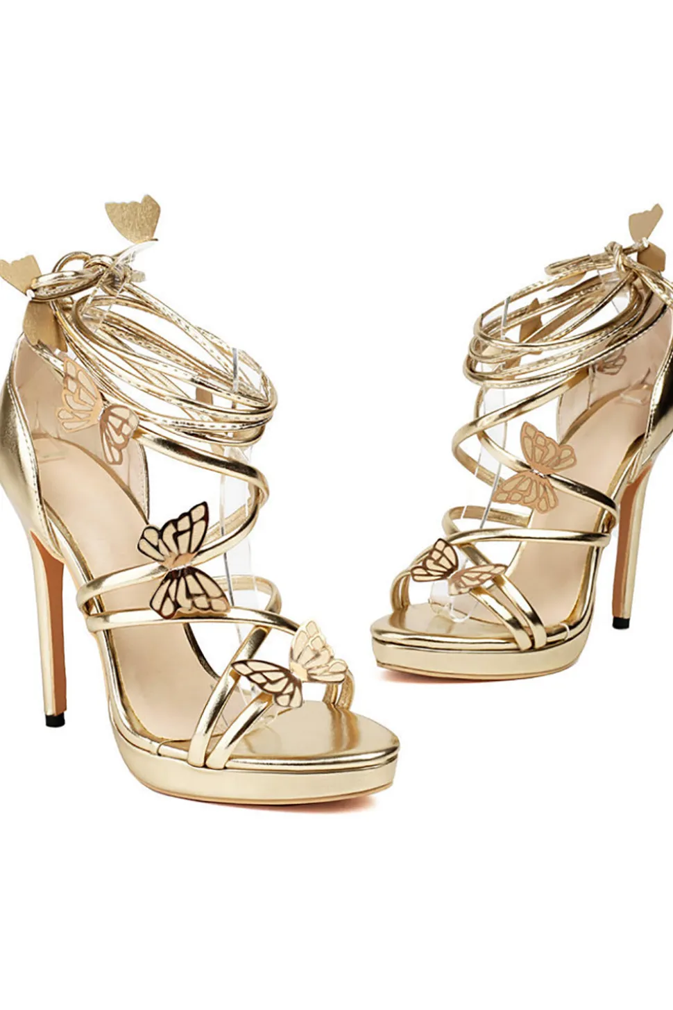 Mulheres Golden Metallic Strappy Stilletos Heels Sandálias Sapatos com Borboleta