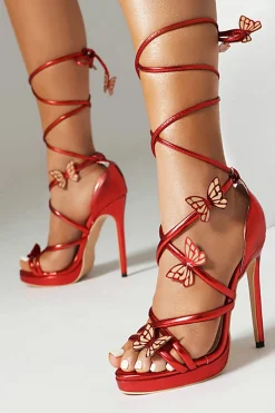 Mulheres Golden Metallic Strappy Stilletos Heels Sandálias Sapatos com Borboleta