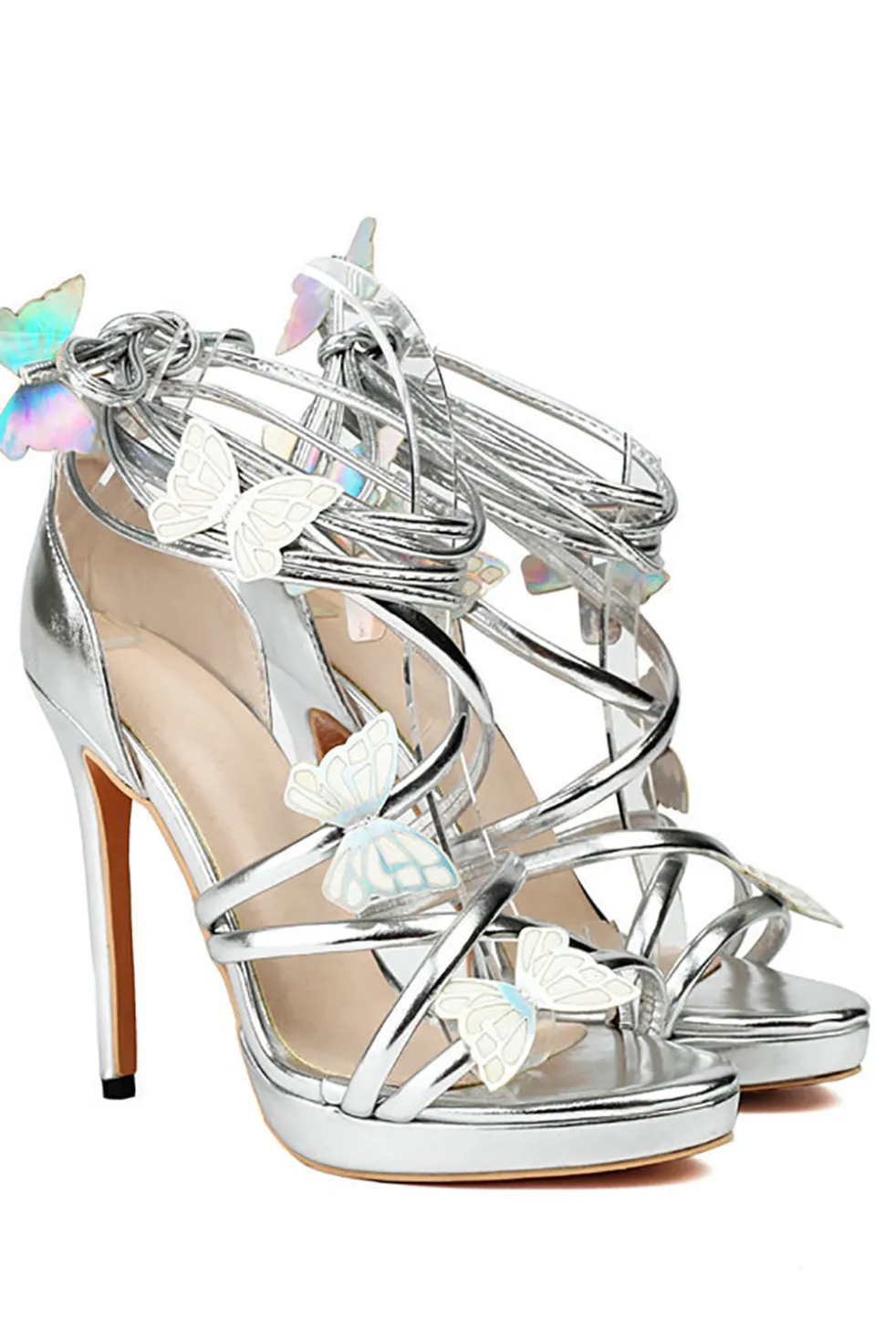 Mulheres Golden Metallic Strappy Stilletos Heels Sandálias Sapatos com Borboleta
