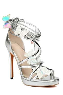 Mulheres Golden Metallic Strappy Stilletos Heels Sandálias Sapatos com Borboleta