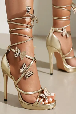 Mulheres Golden Metallic Strappy Stilletos Heels Sandálias Sapatos com Borboleta