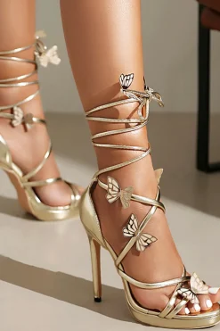 Mulheres Golden Metallic Strappy Stilletos Heels Sandálias Sapatos com Borboleta