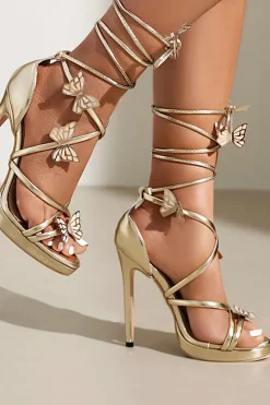 Mulheres Golden Metallic Strappy Stilletos Heels Sandálias Sapatos com Borboleta