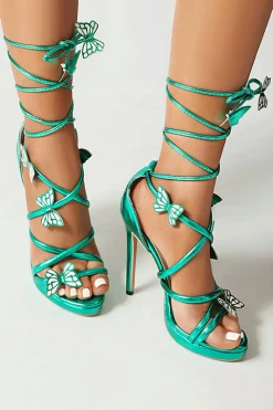 Mulheres Golden Metallic Strappy Stilletos Heels Sandálias Sapatos com Borboleta