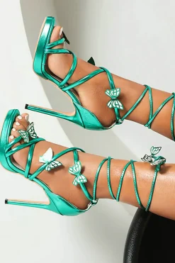 Mulheres Golden Metallic Strappy Stilletos Heels Sandálias Sapatos com Borboleta