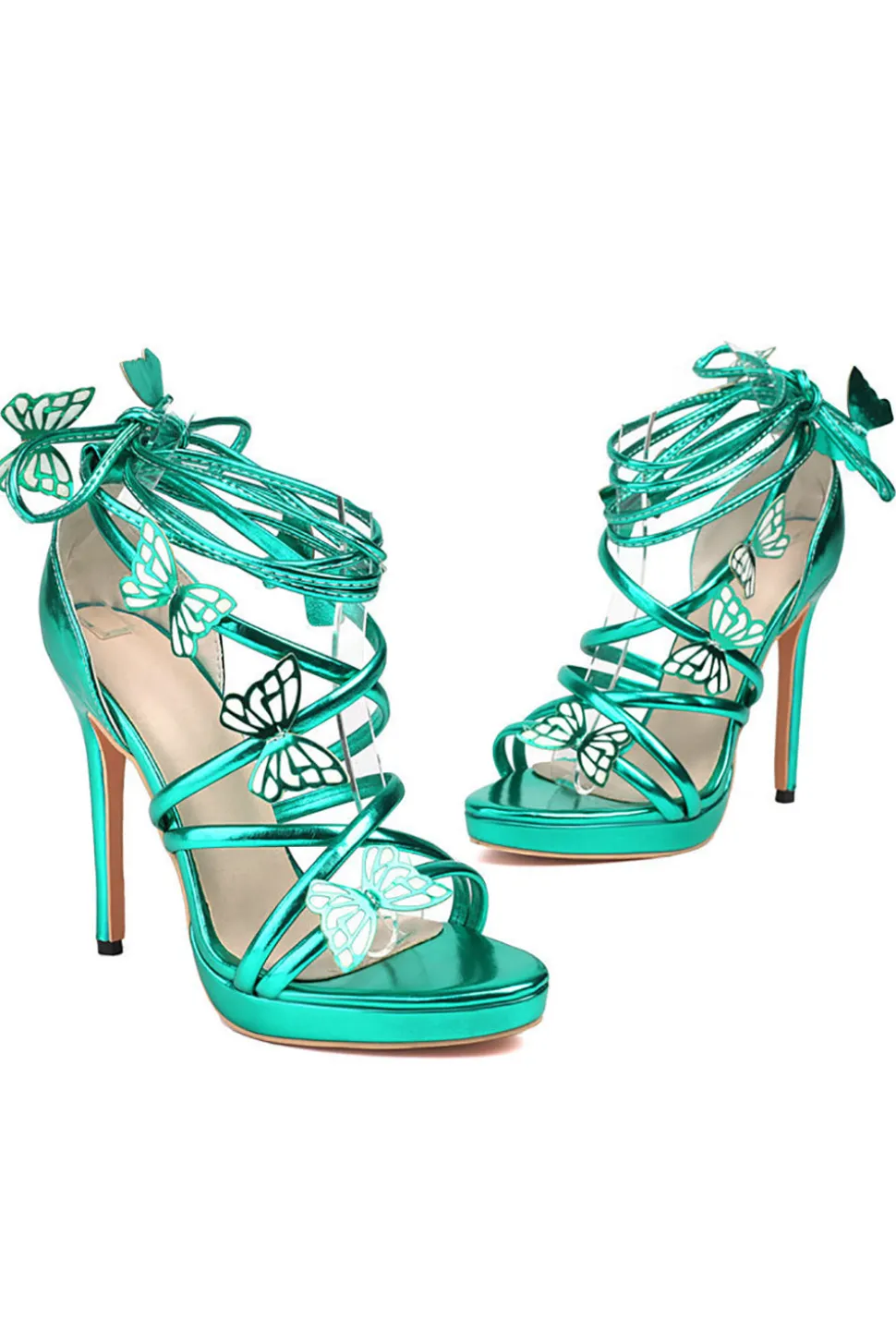 Mulheres Golden Metallic Strappy Stilletos Heels Sandálias Sapatos com Borboleta