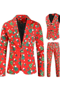 Natal Masculino Impresso Vermelho 3-Piece One Button Party Suits