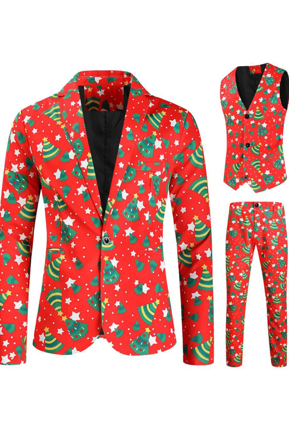 Natal Masculino Impresso Vermelho 3-Piece One Button Party Suits