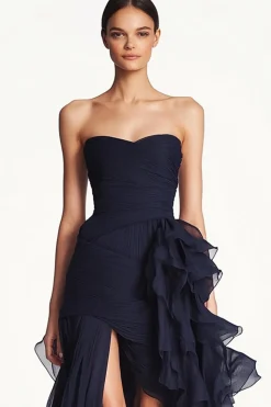 Navy A Line Slit plissado vestido de baile de formatura com babados Sash