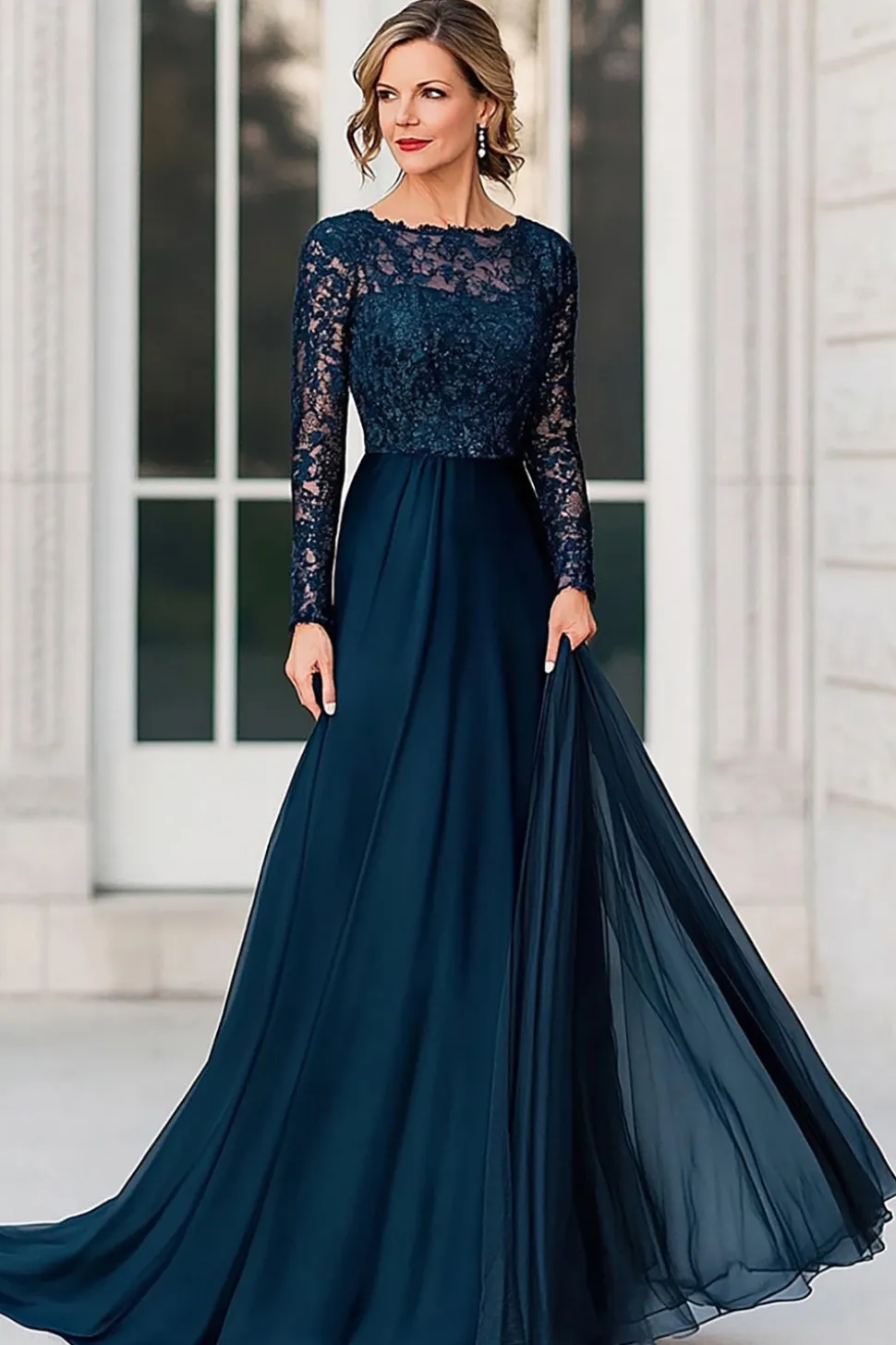 Navy A-Line Lace e Chiffon mangas compridas mãe do vestido Birde