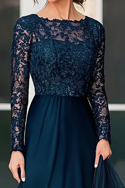 Navy A-Line Lace e Chiffon mangas compridas mãe do vestido Birde