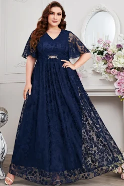 Navy A-Line Lace V-Neck mangas curtas longa mãe do vestido da noiva