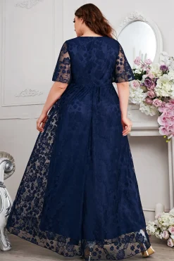 Navy A-Line Lace V-Neck mangas curtas longa mãe do vestido da noiva