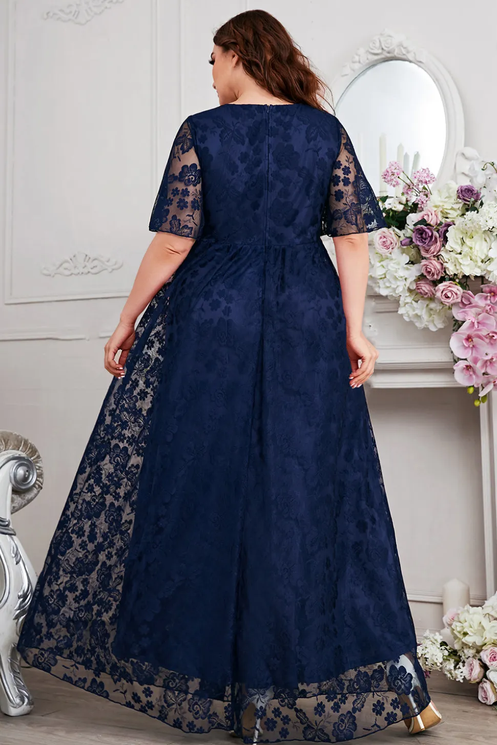 Navy A-Line Lace V-Neck mangas curtas longa mãe do vestido da noiva