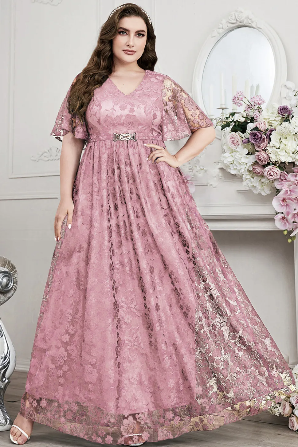 Navy A-Line Lace V-Neck mangas curtas longa mãe do vestido da noiva