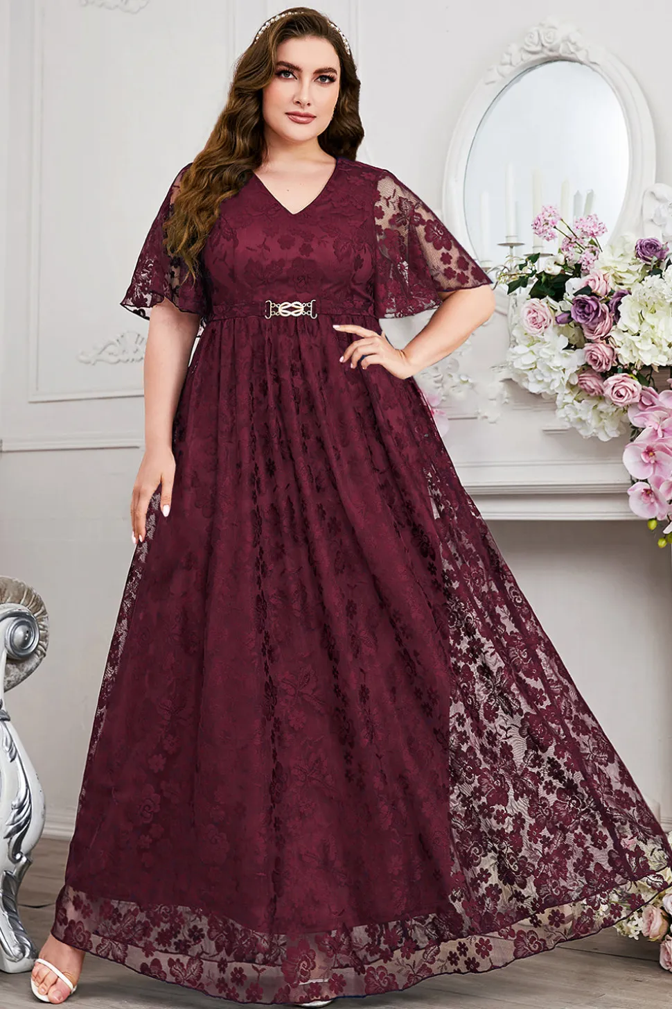 Navy A-Line Lace V-Neck mangas curtas longa mãe do vestido da noiva
