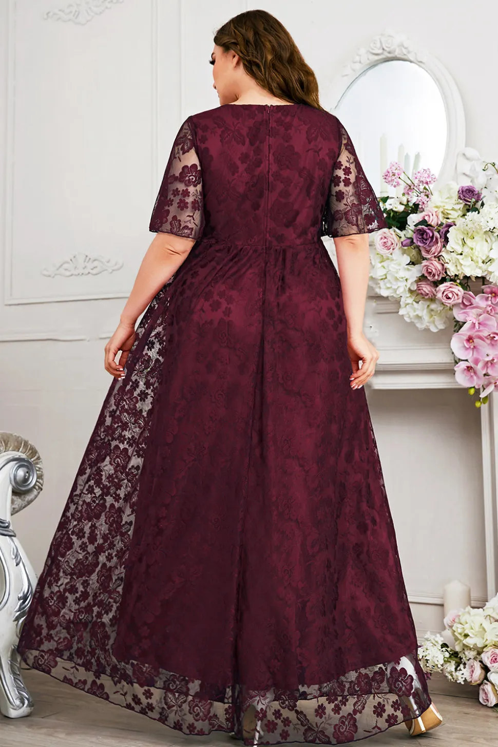 Navy A-Line Lace V-Neck mangas curtas longa mãe do vestido da noiva