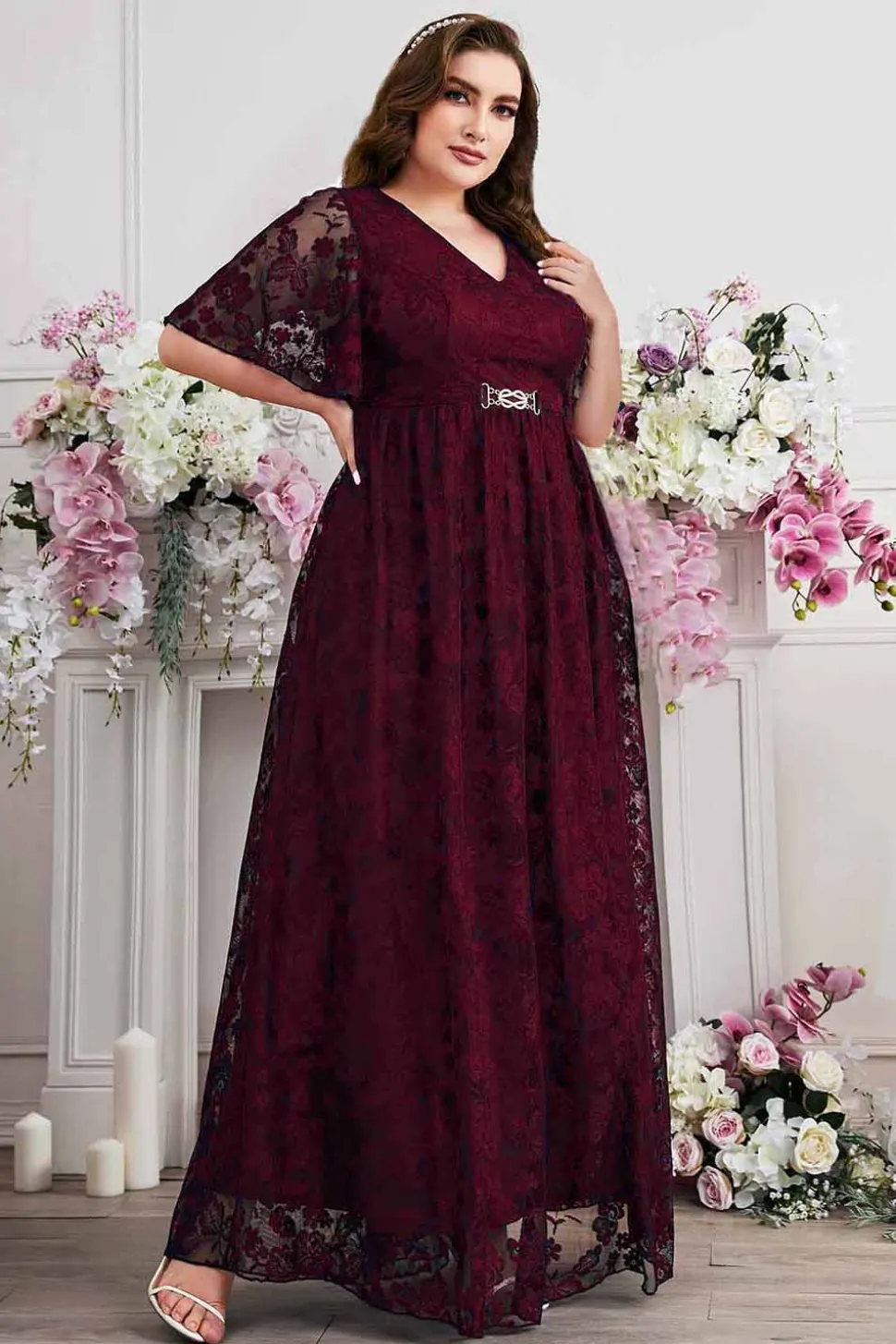 Navy A-Line Lace V-Neck mangas curtas longa mãe do vestido da noiva