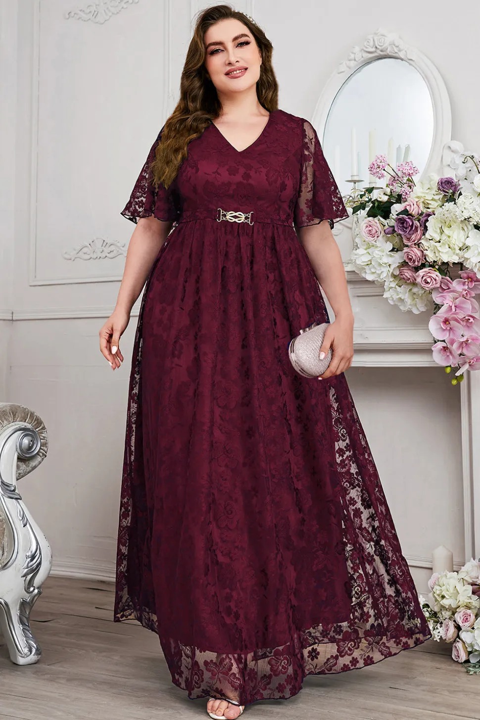 Navy A-Line Lace V-Neck mangas curtas longa mãe do vestido da noiva