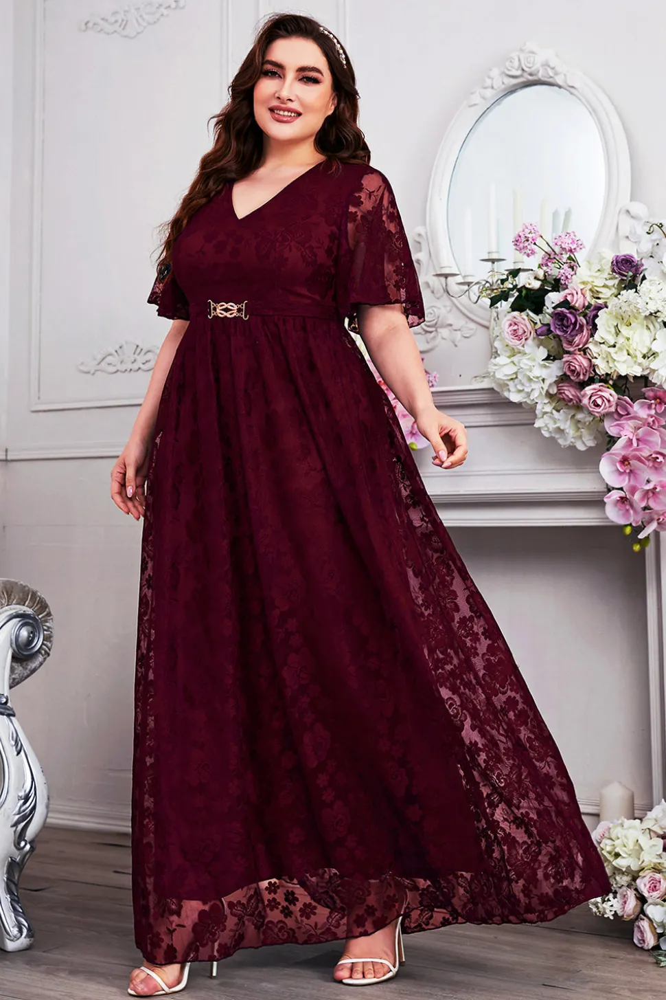 Navy A-Line Lace V-Neck mangas curtas longa mãe do vestido da noiva