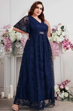Navy A-Line Lace V-Neck mangas curtas longa mãe do vestido da noiva