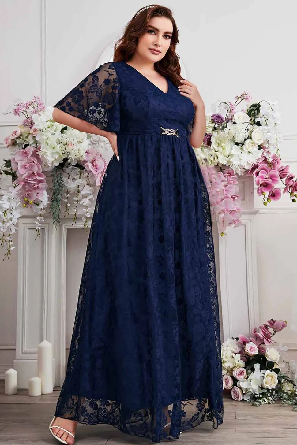 Navy A-Line Lace V-Neck mangas curtas longa mãe do vestido da noiva