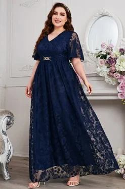 Navy A-Line Lace V-Neck mangas curtas longa mãe do vestido da noiva