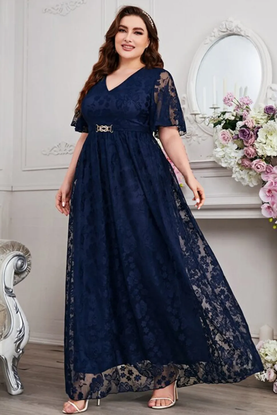 Navy A-Line Lace V-Neck mangas curtas longa mãe do vestido da noiva