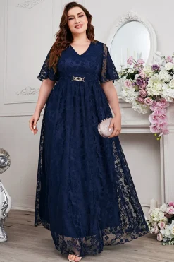 Navy A-Line Lace V-Neck mangas curtas longa mãe do vestido da noiva