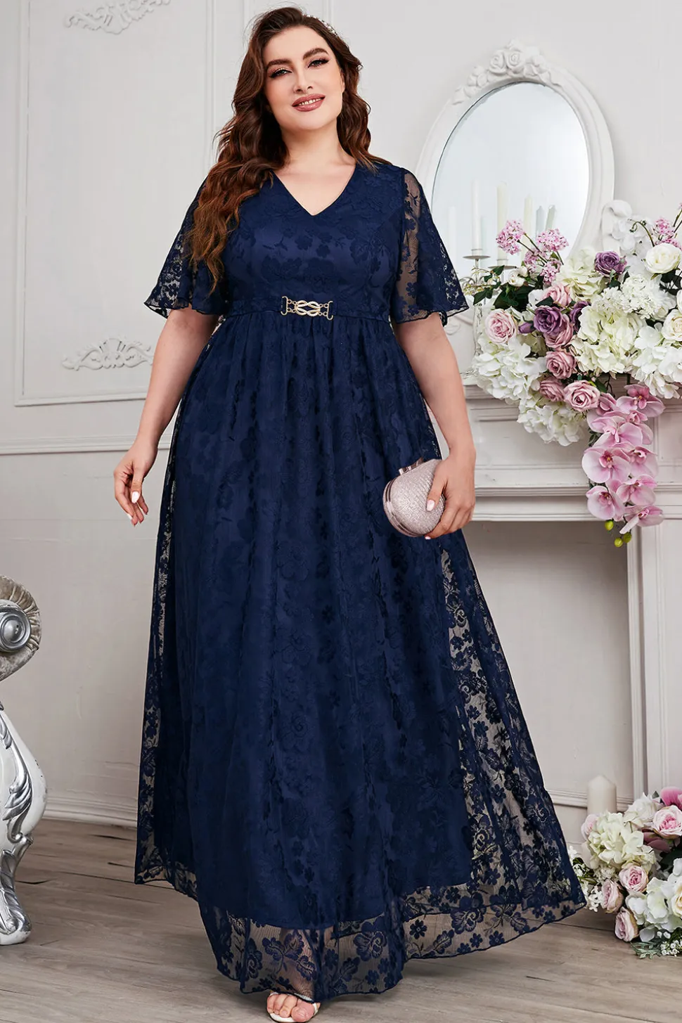 Navy A-Line Lace V-Neck mangas curtas longa mãe do vestido da noiva