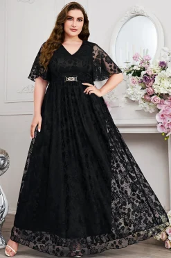 Navy A-Line Lace V-Neck mangas curtas longa mãe do vestido da noiva