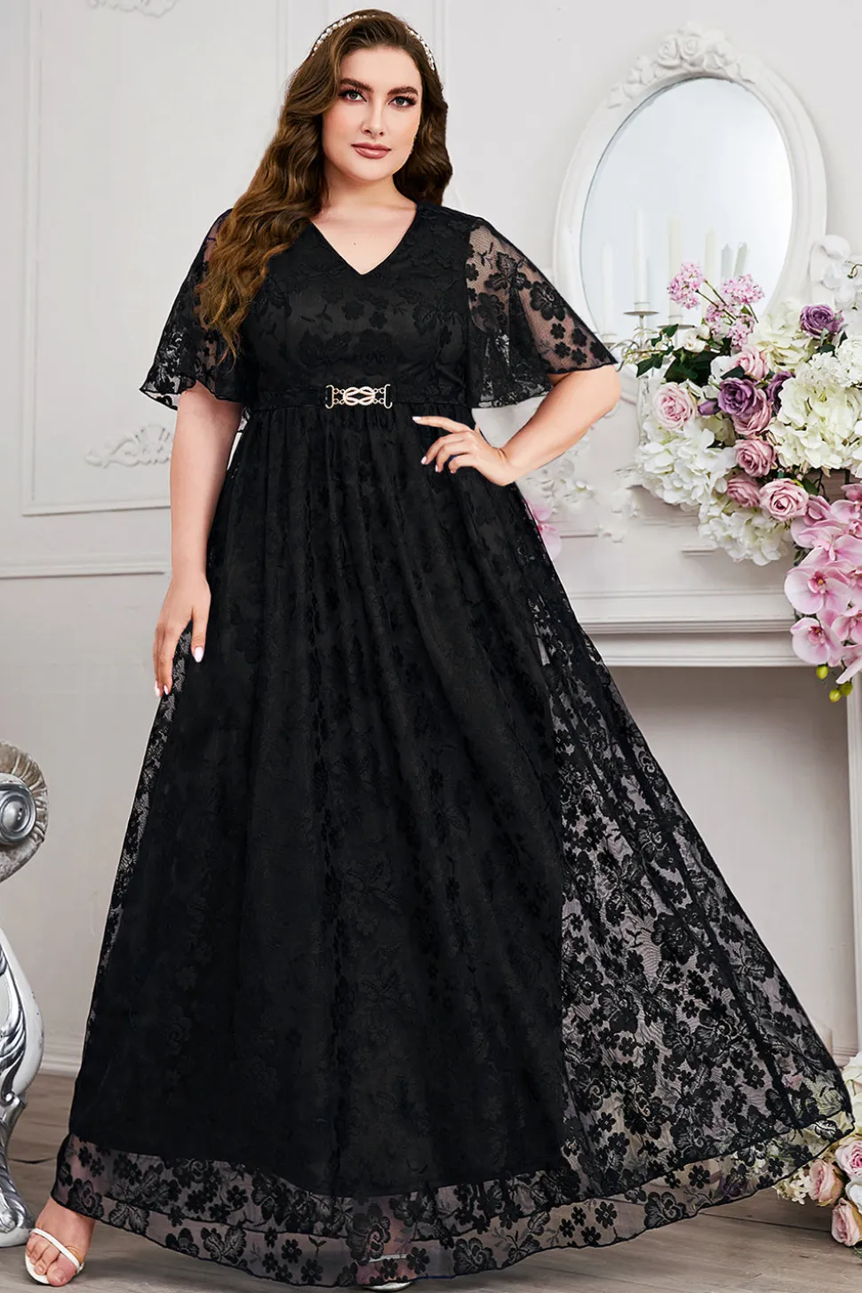 Navy A-Line Lace V-Neck mangas curtas longa mãe do vestido da noiva