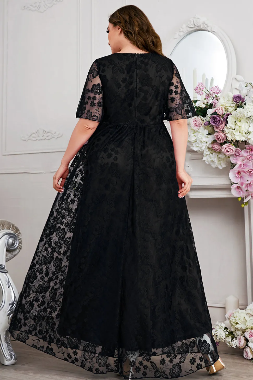 Navy A-Line Lace V-Neck mangas curtas longa mãe do vestido da noiva