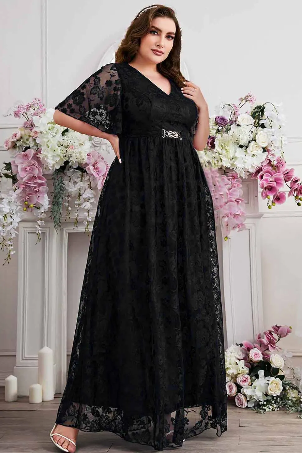 Navy A-Line Lace V-Neck mangas curtas longa mãe do vestido da noiva